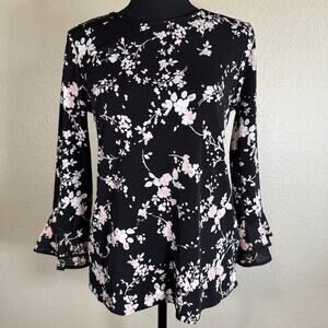 NWT Karl Lagerfeld Paris Black Blouse Shirt Pink Floral Bell Sleeve Women XS